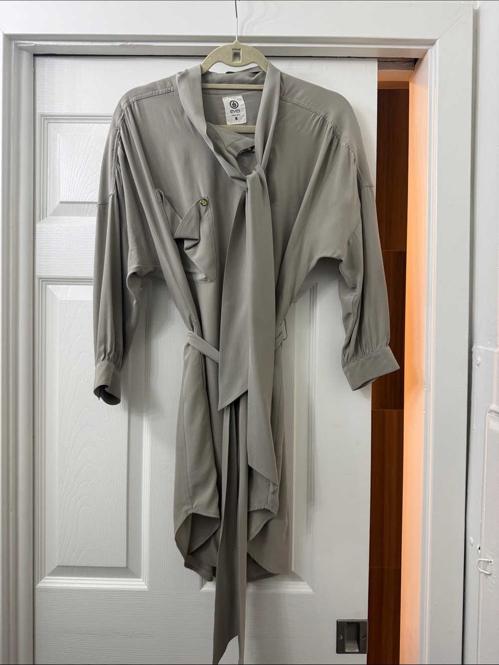 Ever Tie-Neck Utility Shirt Dress in Light Gray 100% silk